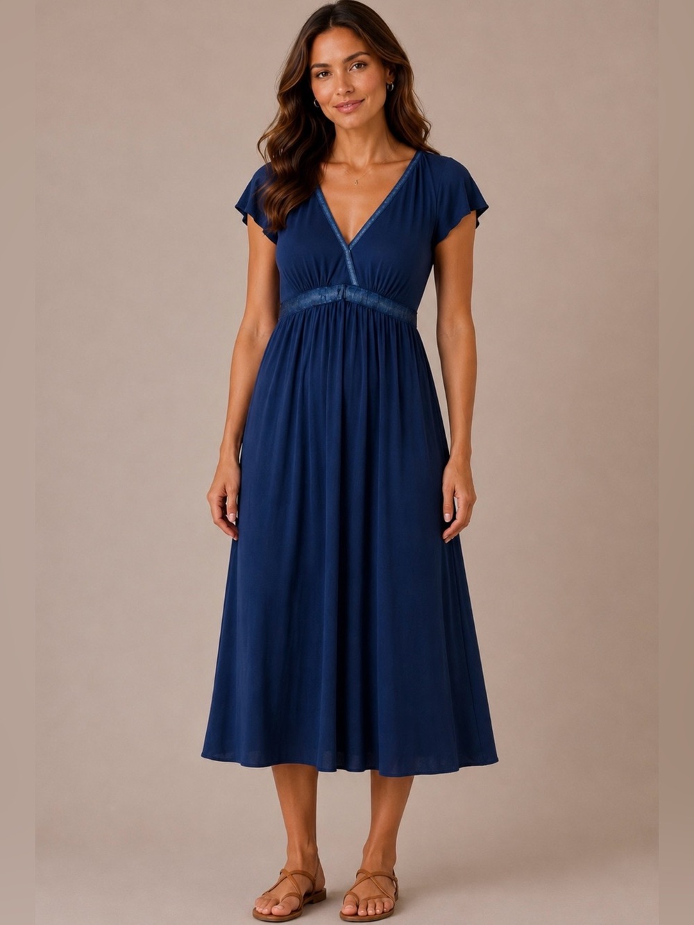 MSSP Sz S Royal Blue Jersey Knit Midi Dress Empire Waist Flutter Sleeves EUC V